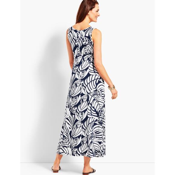 Talbots Graphic Botanical Jersey Maxi Dress Tropical Sleeveless Black White MP - Picture 2 of 11